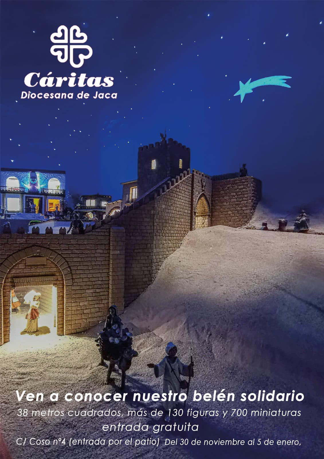 Belén Cáritas Jaca Belén artesano que se originó en 1975, ha crecido hasta convertirse en una tradición que reúne a familias, amigos y visitantes: 38 metros cuadrados, con más de 130 figuras y 700 miniaturas.