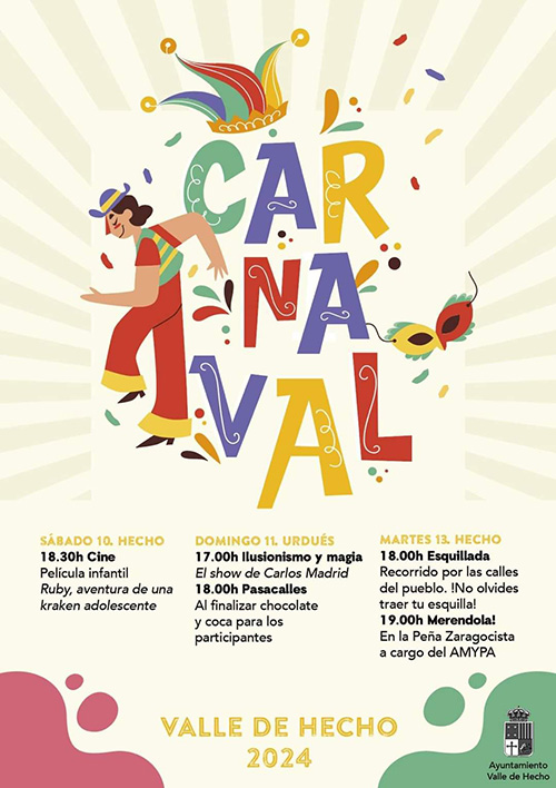 El Carnaval de Jaca se desarrollará a lo largo de la tarde del sábado 10 de febrero. A las 16.15 h tendrá lugar la "Fiesta infantil" en la carpa instalada en la plaza Biscos para continuar a partir de las 19 h con el desfile de Carnaval que recorrerá la calle Mayor desde el Monasterio de las Benitas para continuar por la Avda. Primer Viernes de Mayo, Avda. Jacetania, y finalizar en la plaza Biscos. Allí, desde las 20:00 hasta las 22:00 h se podrá disfrutar de la música y el bailes con un DJ residente de Baramban.