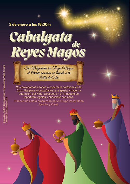 A las 18:30 h en Hecho, los Reyes llegarán por la Cruz Alta para ir hasta la iglesia. La tarde continuará en el Trinquete con reparto de regalos y chocolatada con coca, todo ello amenizado por el Grupo Vocal Doña Sancha y Oroel.