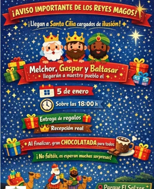 Además, los Reyes Magos también llegarán a Santa Cilia. Será sobre las 18:00 h, en el Parque El Salzar, donde tendrá lugar la recepción real y la entrega de regalos. Para cerrar la tarde, el Ayuntamiento de Santa Cilia ofrecerá una gran chocolatada para todos los asistentes. 
