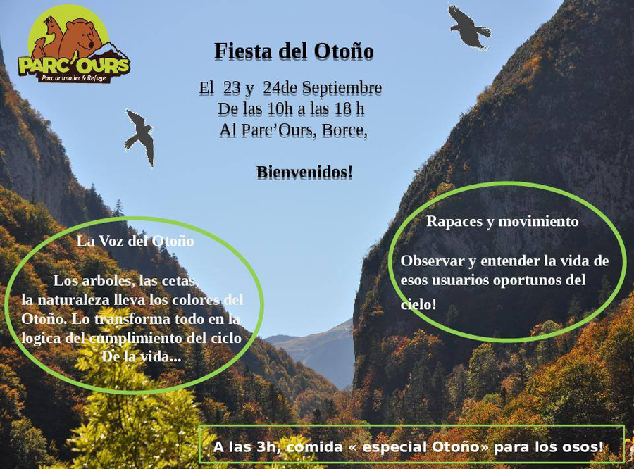 El fin de semana del 23 y 24 de septiembre el espacio faunístico de Borce ha organizado una Fiesta de Otoño con visitas especiales, y tendremos la oportunidad de ver cómo los osos se alimentan (también podéis llevar vuestros frutos: castañas, manzanas, peras…). Recorrido guiado, observación de rapaces y más!!! 