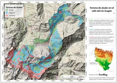 Si por el contrario en un punto coinciden pocas o ninguna de estas capas, diremos que es un lugar poco expuesto a aludes. De ese modo, veremos que el Valle del Aragón se va clasifica en 3 categorías: SIMPLE (color verde), EXIGENTE (color azul) y COMPLEJO (color rojo). La cartografía ATES puede visualizarse en Google Earth o descargar el archivo KMZ para visualizarlo en el móvil desde la web de alurte.es.
