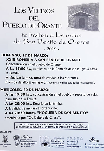 Esta romería, que es la primera en el calendario comarcal, marca el inicio de la primavera. Cuenta con numerosos seguidores que cada tercer domingo de marzo se acercan hasta esta población de la Val Ancha para participar en la tradicional jornada que incluye misa, reparto de torta de caridad y comida de alforja. 