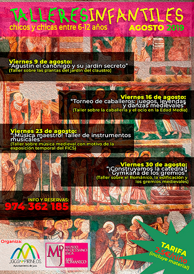 Los destinatarios son niños y niñas de entre 6 y 12 años, con aun máximo de 20 niños por sesión que tendrá una duración 2 horas. Los talleres previstos son 4 y tendrán lugar durante cuatro viernes del mes de agosto, de 18:00 a 20:00 h. El coste es de 2,50 euros/ niño e incluye el material. Es imprescindible reservar en el teléfono 974 362 185.