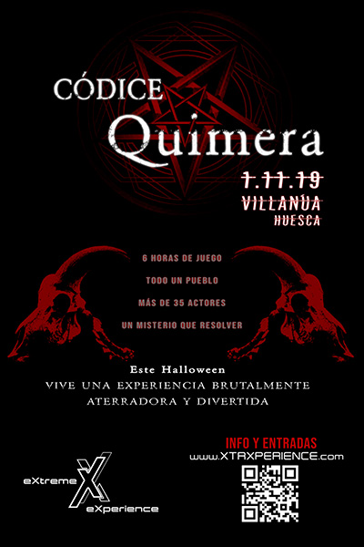 Este año, Halloween llega con una importante novedad a Villanúa . La noche del 1 de noviembre se va a desarrollar Códice Quimera, un juego de realidad simulada en tiempo real, basado en una aventura de terror, suspense, misterio y supervivencia, en la que intervendrán más de 35 actores y que tendrá una duración aproximada de 6 horas. Durante las mismas, los participantes, divididos por equipos, tendrán que intentar averiguar qué es lo que tiene aterrados a los habitantes de Villanúa, siguiendo pistas e interactuando con los actores, y, si sobreviven, resolver el misterio.
