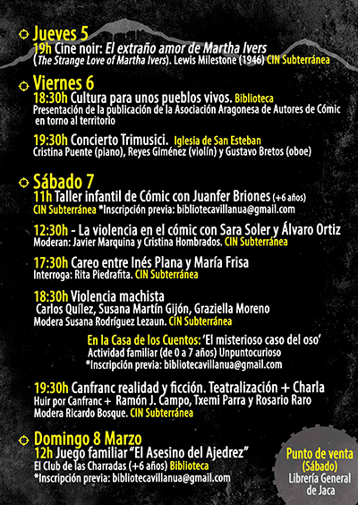 La edición 2020 de Villanoir, Encuentro Pirenaico de Género Negro de Villanúa, se celebrará del 5 al 8 de marzo y reunirá a reconocidos autores como Carlos Quílez, Ramón J. Campo, Graziella Moreno, Inés Plana y María Frisa o Susana Rodríguez Lezaun, entre otros escritores de género policíaco. Además, en el programa encontraremos proyecciones, exposición, presentación de cómic, talleres y, asimismo, dedicará una de sus mesas redondas a hablar de la década de los 40 en la Estación Internacional de Canfranc.