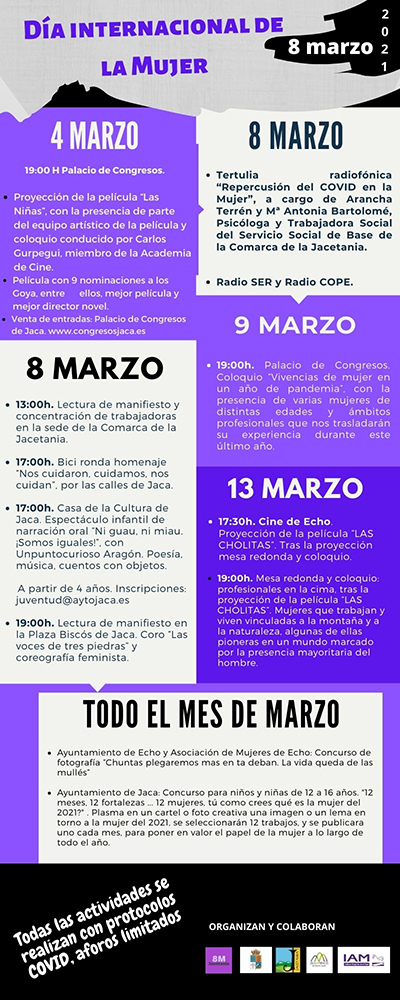 El programa provisional, publicado en su web, arrancará el viernes 5 de marzo con la charla "De Jaca a los 8000, aventuras y desventuras de un enamorado de las montañas", a cargo del montañero Fernando Garrido, presentado por Bernabé Aguirre coordinador de las Jornadas de Montaña Jaca-Pirineos, a continuación se proyectarán las películas. El sábado 6 la sesión comenzará con una charla de Alberto Ayora, presidente de la Federación Española de Deportes de Montaña y Escalada y continuará con la proyección.

Las películas proyectadas serán K2: The Impossible Descent, Accomplice: The Passport, Pathfinder - Life Beyond Fear, Voice Above Water, Pretty Strong: Fernanda, Zeppelin Skiing. 