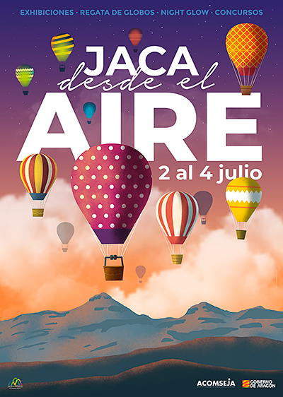 "Jaca desde el aire" es la nueva propuesta que, organizada conjuntamente por el Ayuntamiento de Jaca y Acomseja, se pone en marcha el primer fin de semana de julio para complementar la oferta turística de la ciudad. El evento consiste en una "Regata de Globos Aerostáticos" con exhibiciones y "Night Glow", que se acompañará de dos concursos. 