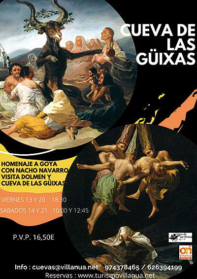 Las visitas recorrerá el interior de la cueva y dolmen de Las Güixas evocando a Goya y su etapa artística más oscura, a través de la serie Pinturas Negras y guiadas por Nacho Navarro, redactor del programa Cuarto Milenio, que dirige Iker Jiménez, y presentador de «El legado Invisible» en Aragón TV. 