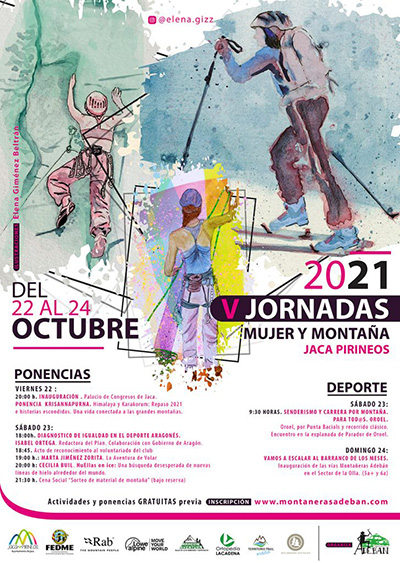 El club Montañeras Adebán celebra del 22 al 24 de octubre la quinta edición de las Jornadas Mujer y Montaña, un encuentro pionero en la visibilización de la mujer en los deportes de montaña, continuación del trabajo de este club que, abierto a todos, quiere potenciar sobre todo el papel de la mujer en el deporte de montaña, de las profesionales y de las aficionadas, de cualquier edad. 