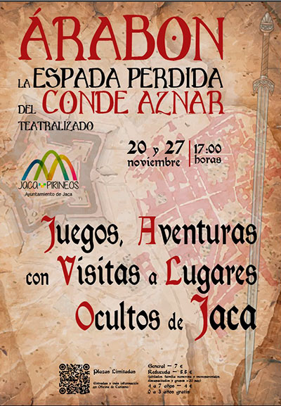 "Arabon, la espada perdida del Conde Aznar" es la visita teatralizada que durante la mañana de los domingos 21 y 28 ofrecerá un recorrido lúdico y teatralizado (12h)por diferentes localizaciones históricas de Jaca. Los participantes recorrerán espacios relacionados con la historia de Jaca, como el salón de recepciones del Ayuntamiento, el Archivo Municipal, la a bodega de Juan Lacasa y la Torre del Reloj, entre otros, para —junto al inspector Malone— encontrar la espada del Conde Aznar. Con una duración de dos horas, se desarrollarán en grupos reducidos. Entradas en este enlace.