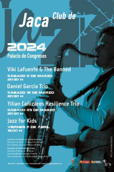 Jaca Club de Jazz 2024 comenzará este mismo domingo con un concierto didáctico a cargo de la Banda y Escuela de Música de Jaca, La música en el cine, dedicado a bandas sonoras de grandes películas. También como actividades gratuitas tendremos un concierto para escolares el miércoles 20 de marzo por el Combo de Jazz de la Escuela de Música de Jaca. 