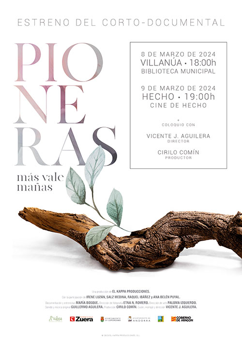 El 8 de marzo, Día Internacional de la Mujer, se proyectará el documental “Pioneras: Más vale mañas”, un documental de la productora aragonesa El Kappa en la que se habla de emprendimiento, vivienda, educación, nuevas tecnologías, tradición y movilidad, a través de las historias de emprendimiento de cuatro mujeres aragonesas que han apostado por volver a vivir a un pueblo, y trabajar en el medio rural generando su propio empleo”.