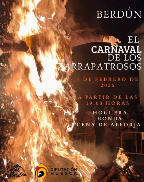 El municipio de Berdún celebrará el próximo sábado 7 de febrero de 2026 una nueva edición del Carnaval de los Zarrapatrosos, una de las manifestaciones festivas más singulares de la Canal de Berdún. La jornada dará comienzo a partir de las 19:00 horas y recuperará, un año más, los rituales tradicionales asociados a esta celebración de origen pagano.